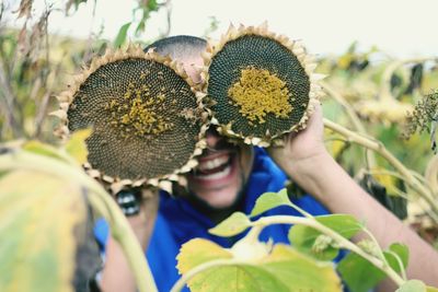 Close-up of happy man holding dried sunflowers in farm