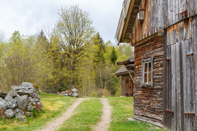 Farm road at an old timber barn in the spring