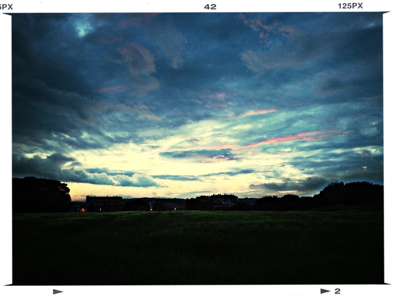 sky, transfer print, landscape, field, cloud - sky, grass, auto post production filter, tranquil scene, tranquility, scenics, cloud, cloudy, rural scene, beauty in nature, nature, building exterior, built structure, tree, house, grassy