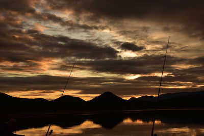 Scenic view of lake against dramatic sky during sunset