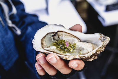 Close-up of hand holding mussel