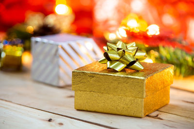 Close-up of christmas decorations on table