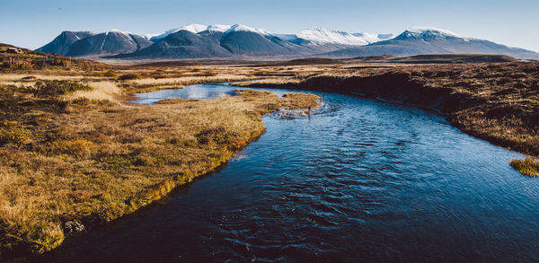 Scenic view of lake and mountains against sky