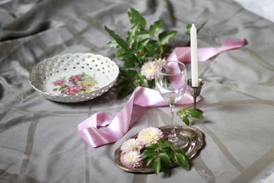 High angle view of ice cream in plate on table