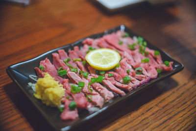 High angle view of food in plate on table