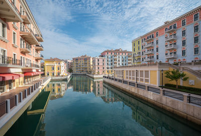 Canal amidst buildings in town against sky