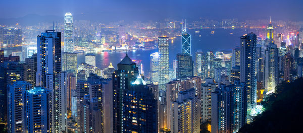 Aerial view of illuminated city buildings at night