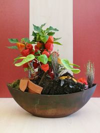 Close-up of potted plant on table against wall