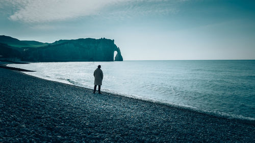 Rear view of man standing on shore at beach