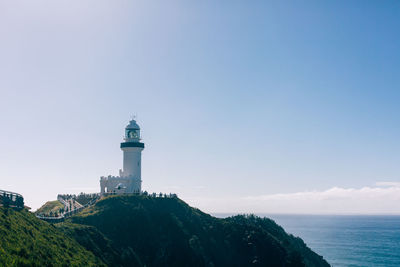 Lighthouse by sea against sky