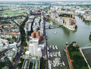 High angle view of city buildings