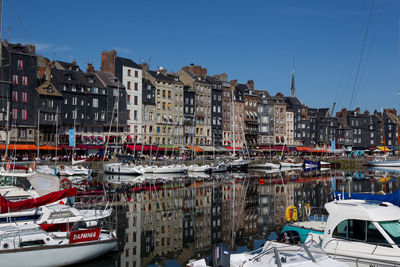 Boats moored at harbor against clear sky