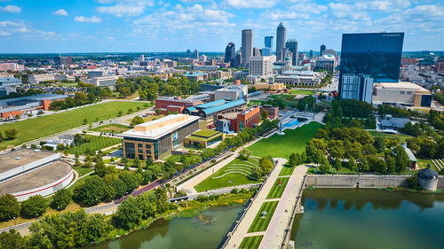 High angle view of buildings in city