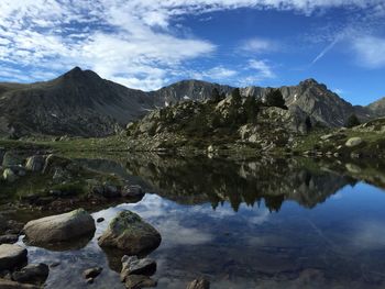 Scenic view of lake and mountains against sky