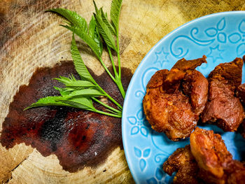 High angle view of meal served on table