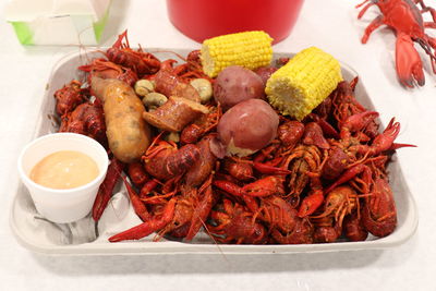 High angle view of meal served on table