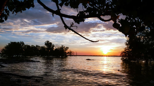 Scenic view of lake against sky during sunset