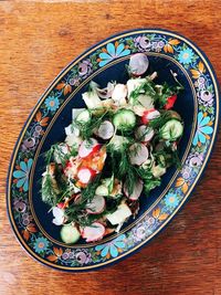 High angle view of food in plate on table