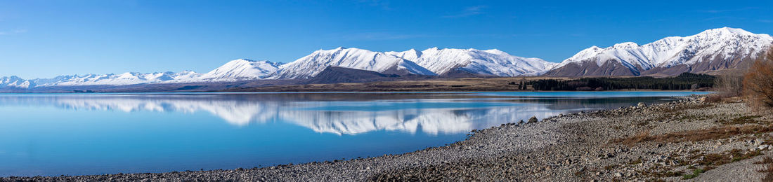 Scenic view of lake and snowcapped mountains against sky