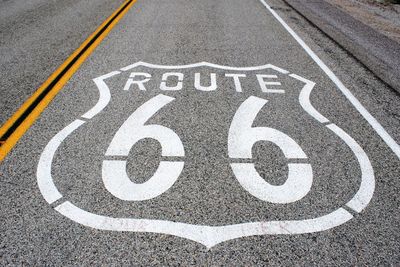 High angle view of road sign on street