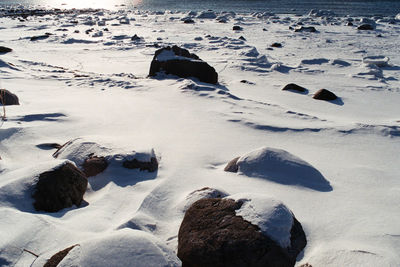 Scenic view of frozen beach during winter