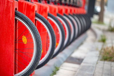 Red bicycles stand in a row on a parking for rent. eco friendly transportation concept.