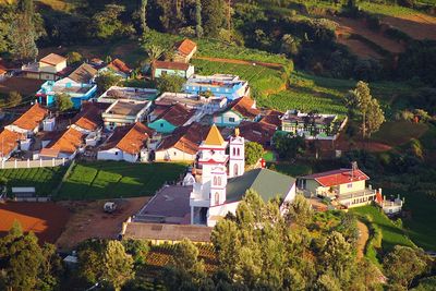 High angle view of houses in town