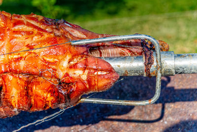 High angle view of meat on barbecue grill