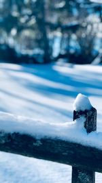 Close-up of snow on railing