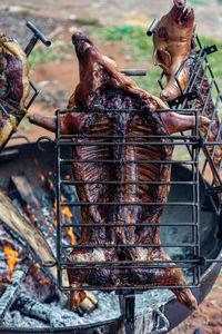 Close-up of meat on barbecue grill