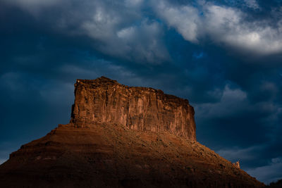 Low angle view of rock formations against cloudy sky