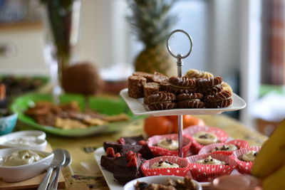 Close-up of food served on table