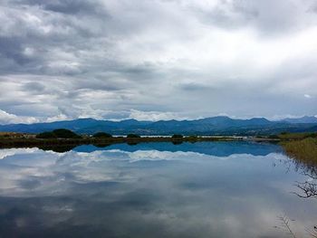 Scenic view of lake against cloudy sky