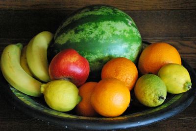 Close-up of fruits served on table