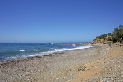 Scenic view of beach against clear blue sky