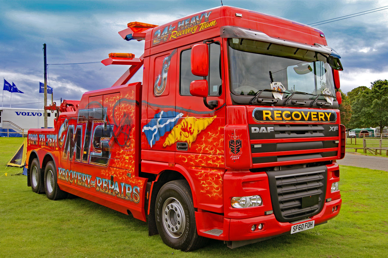 red, outdoors, cloud - sky, sky, city, fire engine, no people, day