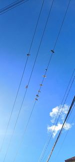 Low angle view of power lines against blue sky