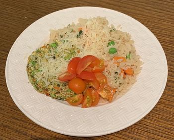 High angle view of food in plate on table