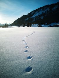 Footprints on snow covered field