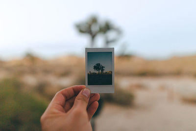 Close-up of hand holding camera against sky