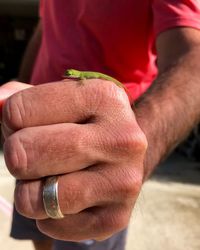 Close-up of man holding hands