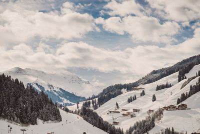 Panoramic view of snowcapped mountains against sky