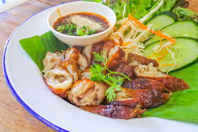 High angle view of food served in plate
