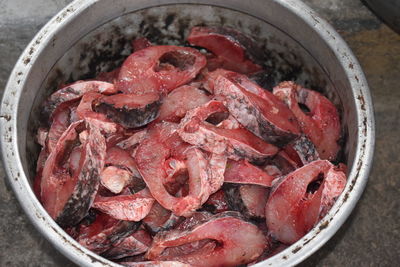 High angle view of meat in bowl on table