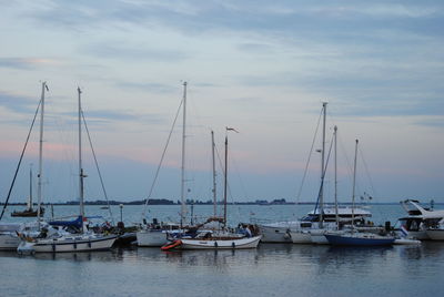 Sailboats moored on harbor against sky