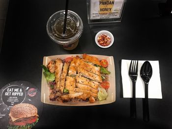 High angle view of breakfast on table