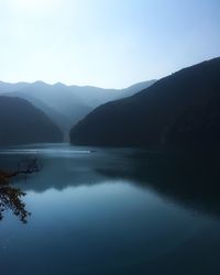 Calm lake with mountains in background