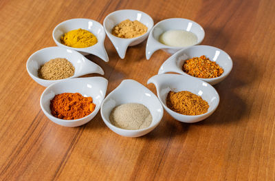 High angle view of food in bowls on table