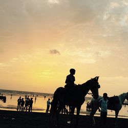 Person horseback riding against sky at beach during sunset