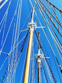 Low angle view of sailboat against clear blue sky